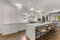 Kitchen with great storage.  Waterfall countertop.