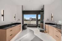 Primary suite bath with dual floating vanities, mirrors to be selected