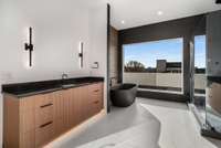 Dual floating vanities and black soaking tub, mirror to be selected