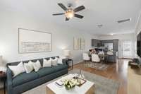 Step through the front door into the open concept living, dining, kitchen