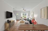 The unit features a fresh coat of warm, white paint and lovely natural sunlight