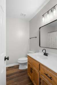 Updated hall bathroom includes new fixtures and hardware, lighting, mirror and toilet.