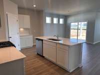 OPEN PLAN WITH ISLAND FACING DINING AREA AND LIVING AREA - WHITE CABINETRY, SUBWAY TILE BACKSPLASH, QUARTZ COUNTERTOPS, PANTRY, GAS RANGE, TANKLESS GAS WATER HEATER