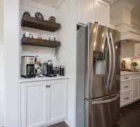 Coffee Bar has floating shelves and shiplap