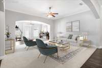 Virtually staged photo of the great room and den area.