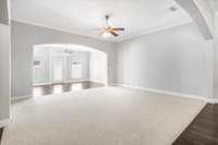 Relax and unwind in the cozy great room featuring new upgraded carpet.