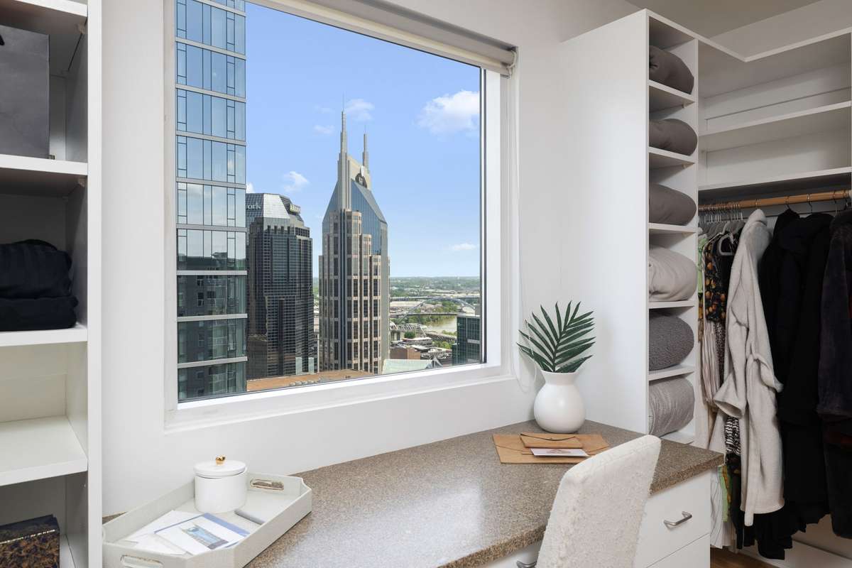 Built in desk area in closet for additional privacy.