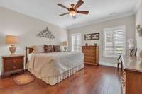 Primary suite on the main level is spacious and also overlooks the parklike landscape!