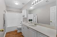 Main Bath. Very large and well maintained. Large Mirror that runs the length of the countertop.