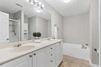 Double Vanity in master bath, along with separate shower and garden tub. Extra long mirror that runs the length of the counter top.