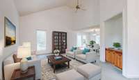 This photo is virtually staged to show what this amazing space could look like.  This could be your cozy, yet spacious, living room.