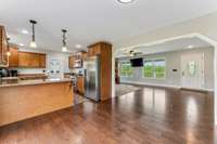 Open dining area and kitchen.