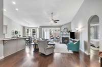 The lving room, kitchen, and breakfast nook are all open. No one is left out during gatherings.
