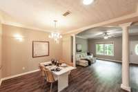 This generously sized dining area easily accommodates a large table, with room for a buffet or sideboard.