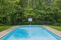 In-ground pool with basketball hoop and tree-lined privacy.