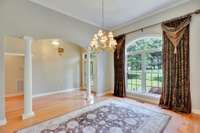 Here is a view of the dining area which will accommodate a large dining table with room to spare.