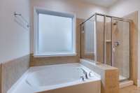 Soaking tub and tiled step-in shower.