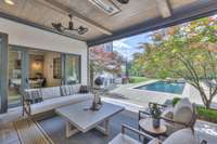 Gorgeous outside space! Covered porch w/wood ceiling, fans & infrared ceiling heater.