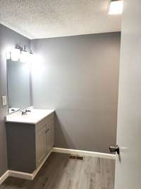 A view of the bathroom, with its new vanity