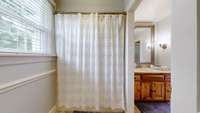 The upstairs hall bathroom
