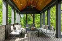 Walk out of the kitchen to the oversized deck with Trex decking and vaulted Tigerwood ceiling.