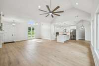 Look at all this room, with the open floor plan and cathedral ceilings!