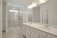 Large Tile Shower with Built-In Shelving