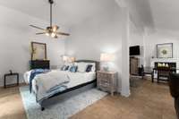 The bedroom is tucked away...