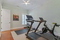 4th bedroom with a large closet and a private full bath.  Engineered Hardwood flooring and plantation shutters.