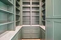 The spacious walk-in pantry offers ample shelving, built-in storage, and room for small appliances, creating a clutter-free, sophisticated kitchen aesthetic.