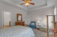 Main floor primary bedroom with tray ceiling