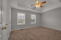 Primary Bedroom located on the 2nd Level.  View from the Hallway looking toward the front of the condo.  Extremely spacious and you will absolutely  love the vaulted trey ceiling.