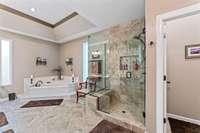 Spacious primary bath with separate tub and large shower