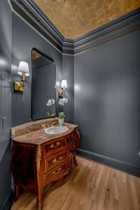 The powder bath is painted in iron ore with new lighting, mirror and a beautiful vanity