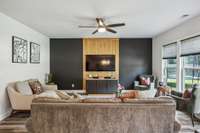 view from kitchen island into living space