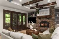 Family room opens to covered porch.