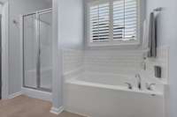 Master Garden tub with tile surround and separate walk-in shower