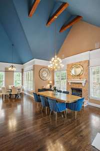 Tall ceilings with exposed decorative beams with current paint colors