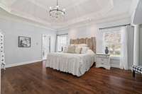 Large master bedroom with sitting area, lighted tray ceiling, and custom built-in