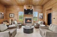 Main lodge fireplace in the kitchen dining room area