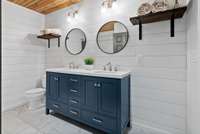 Double vanity with shiplap walls for bathroom downstairs