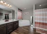 Twin sinks and cabinets and a corner garden tub anchor this big bath. Can lights over tub and shower.