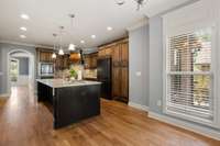 The kitchen lights and pendant lights are outfitted with dimmers.