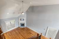View of the living room from the top of the stairs