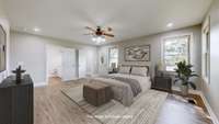 Primary bedroom with full bathoom and walk-in closet.