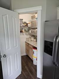 Large Walk-in Pantry in the Kitchen. So much extra space to store food and kitchen items as well as extra counter space for keeping appliances or to use for extra work space.
