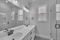 Double vanity and walk-in shower! Poplar Plan - Photos depict builders' quality, this model will differ.