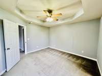 Primary bedroom has a ceiling fan in a trey ceiling