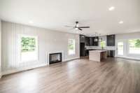 Feature wall is shiplap with fireplace~