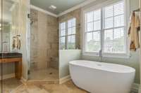 Newly remodeled tiled shower and free standing tub